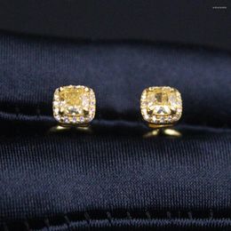 Stud Earrings Pure Solid 24K Yellow Gold Women Lucky Zircon Square 1.69g