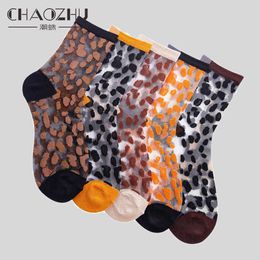 Socks Hosiery Chaozhu spring summer crystal transparent silk socks female sexy leopard grain fashion casual breathable calcetines mujer P230516