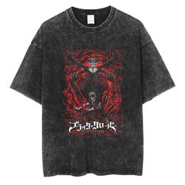 Men's T-Shirts Anime Tshirt Black Clover Printed T Shirt Retro Washed 100% Cotton Tops Tees Harajuku 2023 Streetwear Hip Hop Male T-shirts J230516