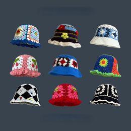 Wide Brim Hats Bucket Hats Handmade Crochet Flower Bucket Hat for Girls Korean Travel Beach Panama Caps Design Knitted Hat Winter Beanie Wool Warm Cap 230516