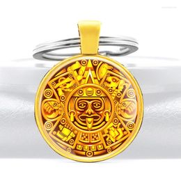 Keychains Gold Color Mayan Civilization Symbol Glass Dome Pendant Key Chain Unique Men Women Rings Jewelry Gifts