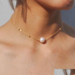 Pendant Necklaces Handmade Simple Delicate Gold Layered Chokers For Women Girls Chain Necklace With Artificial Pearl Wholesale Drop Dhvuo