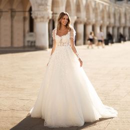 Abito da sposa Collo quadrato Applique in pizzo Maniche lunghe Abito da sposa Abito da ballo glitterato Vestido De Noiva