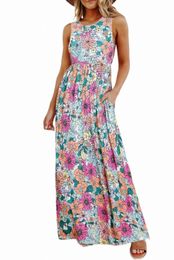 multicolor Floral Print High Waist Sleeveless Maxi Dress 61ym#