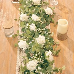 Decorative Flowers Wreaths 180cm Silk White Rose Artificial Garland Babies Breath Gypsophila Decoration Wedding Centrepieces for Tables Accessories 230515