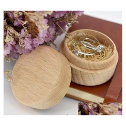 Storage Boxes Bins 10Pcs Small Round Wooden Box Ring Vintage Decorative Natural Craft Jewellery Case Accessories Drop Delive Dh2V9