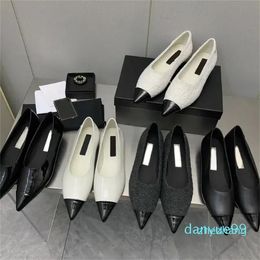 2023-Women Dress Shoes Nude Toe Pumps Tweed Calfskin White Black Leather Tweeds Fabrics Winter Casual Shoes Fashion wedding Flat Shoe