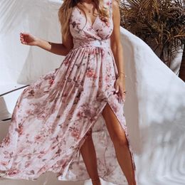 Casual Dresses Summer Women Floral Print Split Elegant Maxi Dress 2023 Party Vacation Pink Chiffon Long Beach Bohemian