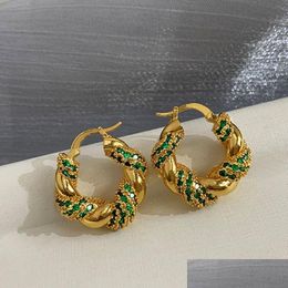 Hoop Huggie Hie Pair Vintage Gentle Twist Earrings For Women Green Zircon Metal Texture Circle Lobe Luxury Fine Jewelryhoop Drop D Dhak8