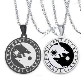 Pendant Necklaces Viking Stainless Steel Divination Letter Yin And Yang Wolf Chain Women/Men Black Colour Necklace Jewellery