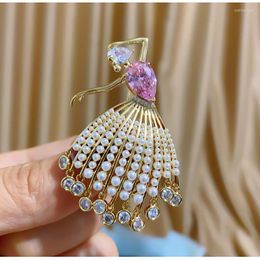 Brooches OKILY Elegant Vintage Pink Zircon Dancer Girl Shiny Drop Pearl Skirt Dancing Brooch Corsage Ballet Pins