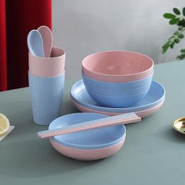 Plates Unbreakable Wheat Straw Dinnerware Sets With Bowls Chopsticks Spoon Cups For Camping Picnic Dishwasher Microwave