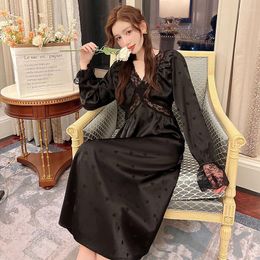 Women's Sleepwear Long Style Nightdress V-neck Female Spring And Autumn Lywed Sister Morning Gown Silk Long-sleeved Pyjamas Lace Skirt Hig