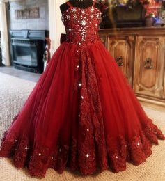 Girl Dresses Red Flower Dress Spaghetti Rhinestone Applique Wedding Party Tulle Ball Gown Sleeveless Floor Length Princess Kids