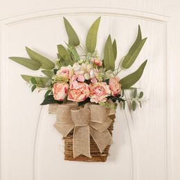 Decorative Flowers Attractive Faux Silk Flower Front Door Wreath Realistic Ornamental Hanging Simulated Willow Peony Rattan Basket