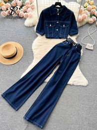 Women's Two Piece Pants SINGREINY Streetwear Denim Two Piece Sets Women Short Sleeves Retro Top+Wide Legs Long Pants 2023 Fashion Korean Vintage Suits P230515