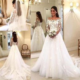 Flower Appliques Lace Wedding Dresses Long Sleeve Sheer Neck A Line 2021 Spring Charming Bridal Gowns sweep Train Custom Plus Size241B