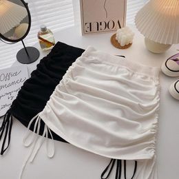 Skirts Girl White Casual Mini Skirt Covering Crotch Fold Design Sense Women Summer Korean Version High Waist Strap A-line Bag Hip