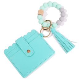 Leather Case Wristlet Silicone Beaded Bracelet Keychain Wallet Wrist Pompoms with Tassel Bangle Card Holder