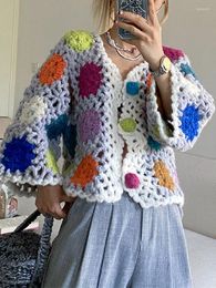 Women's Knits 2023 BOHO Coloured Plaid Flower Hand Crochet Cardigan Vintage Woman Loose Flare Sleeve Centre Buttons Sweater Knitwear Jumper