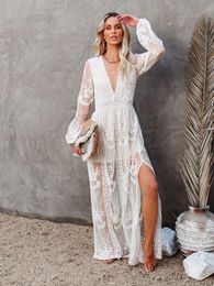 Women's Swimwear EDOLYNSA Long White Tunic Bikini Cover-ups Sexy Deep V-neck Slip Maxi Dress Summer Clothes Women Swimsuit Cover Up A1265 230516