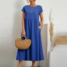 Casual Dresses Women Elegant Solid Maxi Dress Summer Short Sleeve O Neck Vintage Harajuku Cotton Linen Loose Sundress Y2K Pockets Long