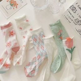 Socks Hosiery Summer vintage floral silk female fashion socks sexy fine lace mesh breathable long crystal silk socks P230516