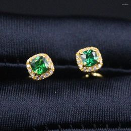 Stud Earrings Pure Solid 24K Yellow Gold Women Lucky Green Zircon Square 1.7g