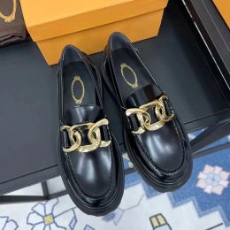 Black Catena Classic loafers shoes polished Genuine calfskin leather golden chunky chains slip on flats for women Luxury Designers flat Dress shoe factory footwear