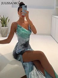 Casual Dresses JULISSA MO Summer Elegant Tie Dye Chiffon Dress Sexy Women Backless Side Split Bodycon Long Beach Party Vestidos 230517