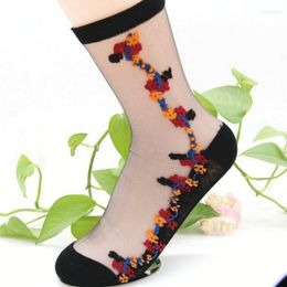 Women Socks Womens Short Sock Thin Transparent Crystal Silk Lace Floral Lady Girl Summer Black Khaki Pure Colour