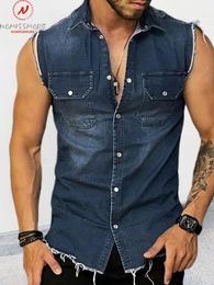 Men's Casual Shirts Fashion Men Summer Solid Colour Denim Shirts Single-Breasted Design Pocket Decor Turn-down Collar Sleeveless Slim Cardigan Top 230515