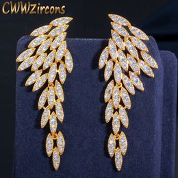 Dangle Chandelier CWWZircons Elegant 18k Gold Plated Cubic Zirconia Long Dangle Feather Wing Drop Earrings for Women Fashion Boho Jewellery CZ640 230516