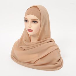 Scarves Women Chiffon Hijab Scarf Sets Muslim Inner Caps Turban Elastic Band Hat Solid Shawl Matching Color