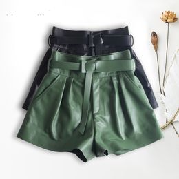 Women's Shorts Women Harajuku Genuine Leather Bud Pleated Falbala Shorts With Belt Femme High Waist Hhaki/Green Casual Mujer Sexy Booty Shorts 230516