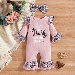 Rompers FOCUSNORM 0-18M 2Pcs Baby Girls Boys Romper Clothing Letter Leopard Print Flare Sleeves Jumpsuit Headband 230516