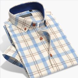 Men's Casual Shirts Men's 100% Cotton Short Sleeve Contrast Plaid Chequered Shirt Pocketless Summer Casual Standard-fit Button Down Gingham Shirts 230516