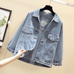 Women's Jackets Cowgirl Short Coat Loose Embroidery Small Daisy Denim Jacket Light Blue Casual