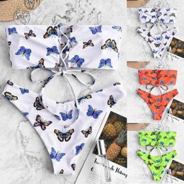 Women's Swimwear Sexy Bikini Set Women 2023 Strapless Butterfly Print Padded Bathing Swimsuit Beachwear Brazilian Thong Biquini