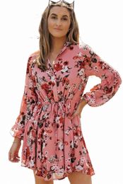 pink Vintage Floral Print Drawstring Flowy Dress 07U1#