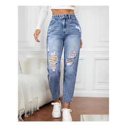 Women'S Jeans Womens High Waist Slight Stretch Died Ripped Front Straight Legs Snowflake Blue Mom Denim Drop Delivery Apparel Clothin Dhmen