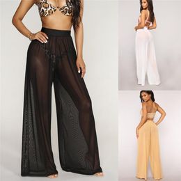 Swimwear Women's Boho High Waist Flare Wide Leg CoverUp Trousers Beach Long Loose See Throug Mesh Sheer Pants Bikini Bottom Beachwear