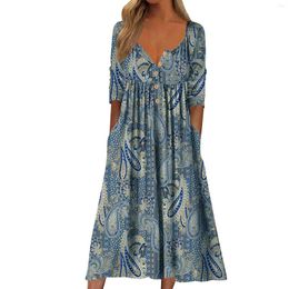 Casual Dresses Boho Maxi Dress Vintage Print Summer V Neck Short Sleeves Long With Pocket Holiday Floral Sundress Midi Beach