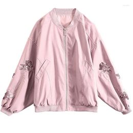 Women's Jackets Short Coat Women's 2023 Spring Autumn Jacket Retro Baseball Uniform Loose Pink Black Embroidered Sequin Tops Female