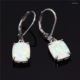 Hoop Earrings White Fire Opal Birthstone Cute Square Stone Trendy Classic Silver Colour Party For Women Jewellery