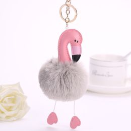 DIEZI Cute Fluffy Flamingo Keychain Rabbit Key Chain Women Fur Bag Charms Keyrings Pom Pom Car Pendant Key Ring Holder Jewellery