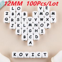 Baby Teethers Toys Kovict 12MM 100Pcs Silicone Letters Beads English Alphabet Letter Beads Baby Teething Teether Personalised Name Pacifier Chain 230516