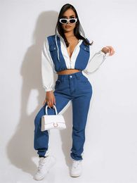 Women's Two Piece Pants Women casual jean flaps hooded sweater female tops jogger long sleeve pants suit 2022 new fashion two 2 piece set clothing P230516