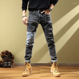 Men's Jeans Autumn Fashion Label Patch Splicing Men's Motorcycle Retro Korean Small Leg Pants Ripped Men