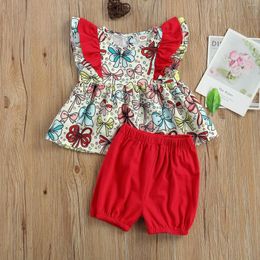 Clothing Sets 2023 The Fashion Baby Girls Clothes Set Bow-knot Print Sleeveless O-neck Tops With Ruffle Solid Colour Short Pants